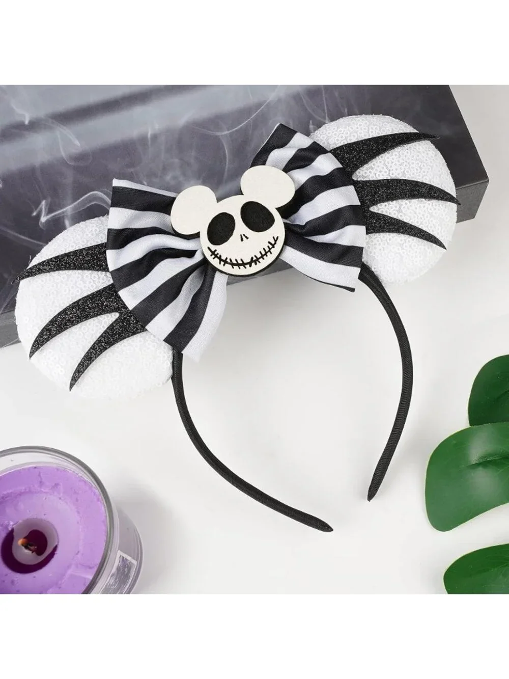 Women Black White Sequin Handmade Mickey Mouse Headband 2 Pieces